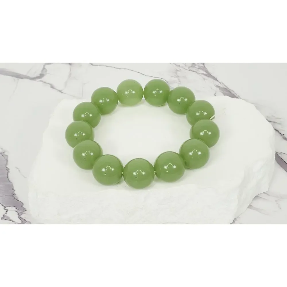 Beautiful 16mm Apple Green Nephrite Jade Polished Bead Stretchy Bracelet 7.5